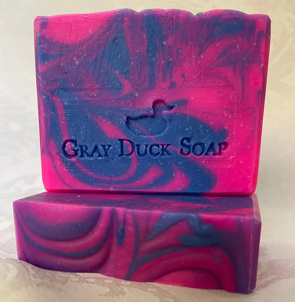 bright magentaand blue swirled soap
