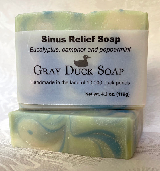 Sinus ReliefS Soap label on blue swirled soap